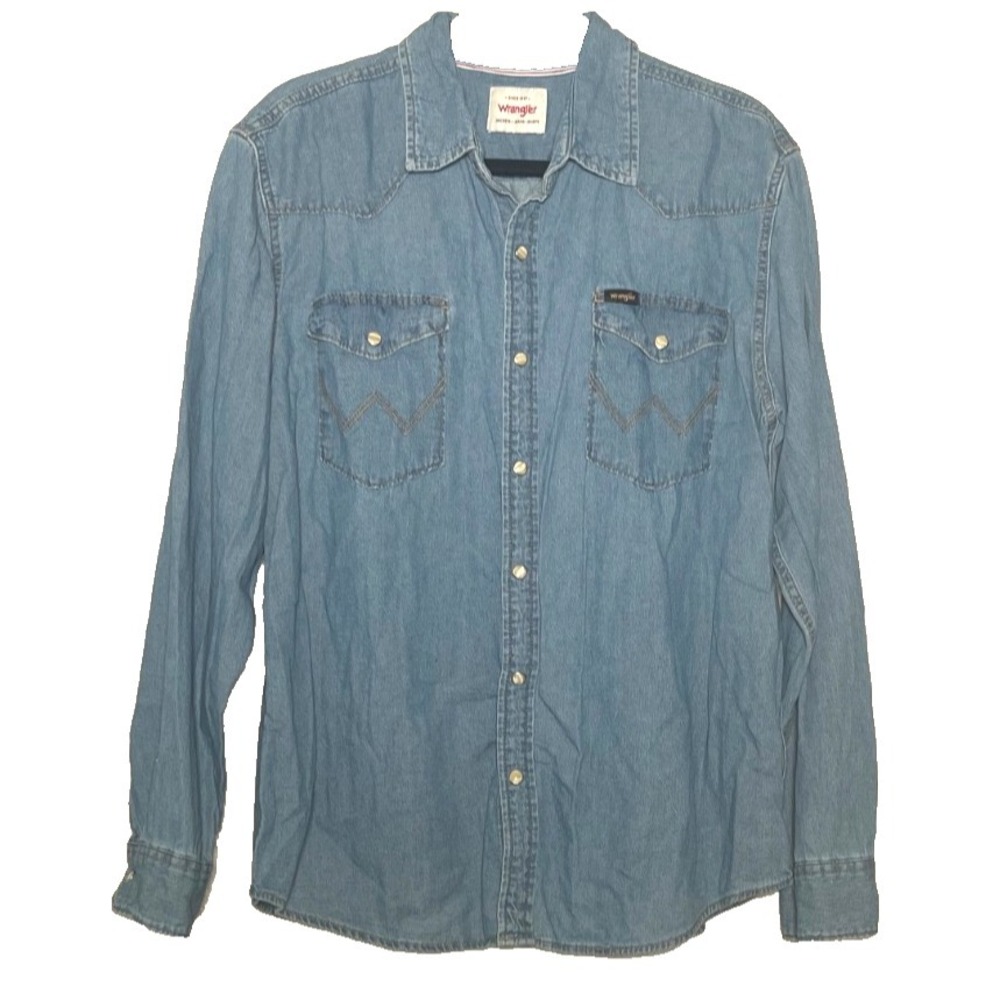 VTG Wrangler Pearl Snap Shirt Men's Large Blue Denim Button Up Western Saw Tooth